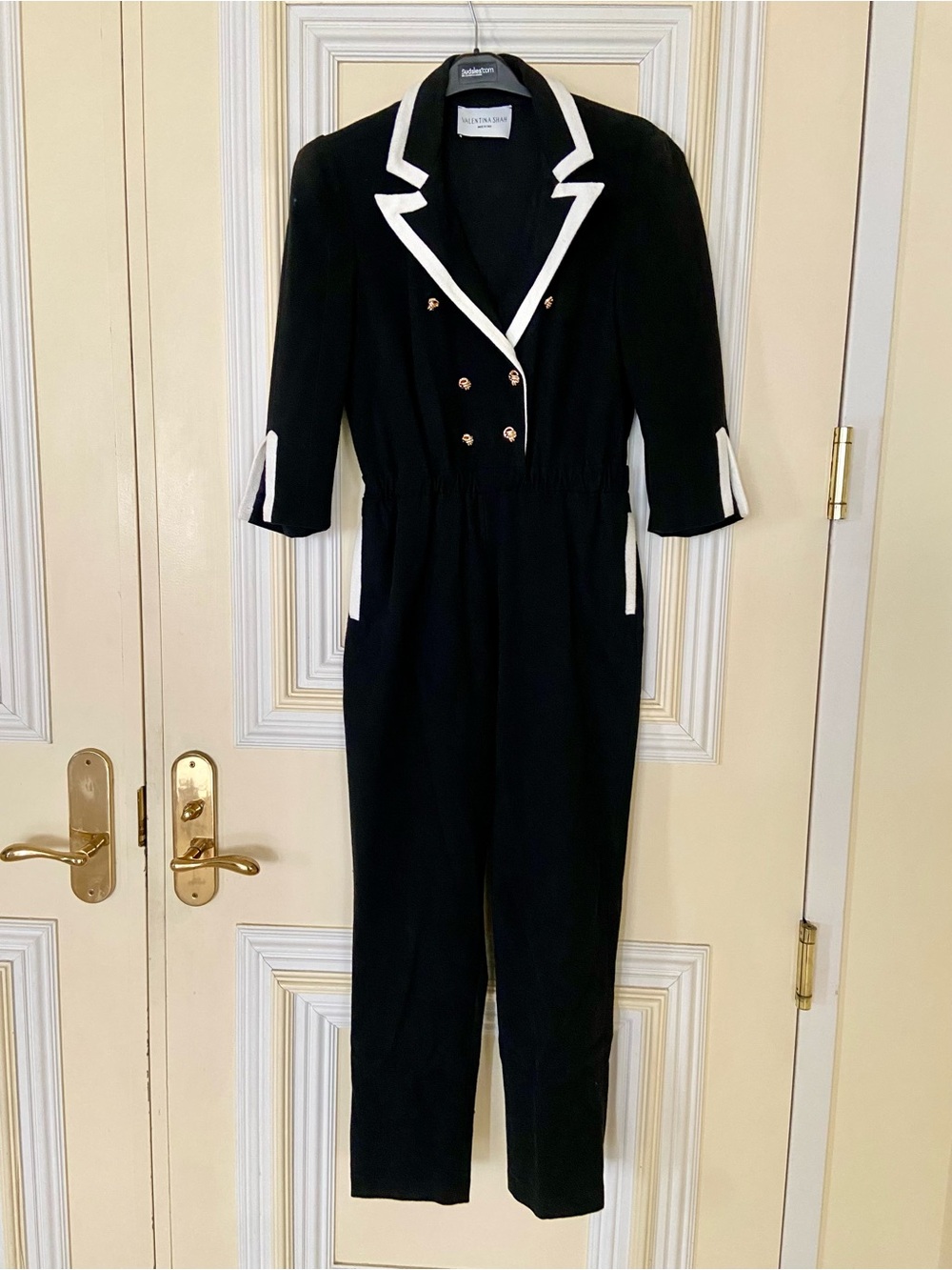 Valentina Shah Made in Italy Black Jumpsuit &White Trim 3/4 long Sleeves Size L